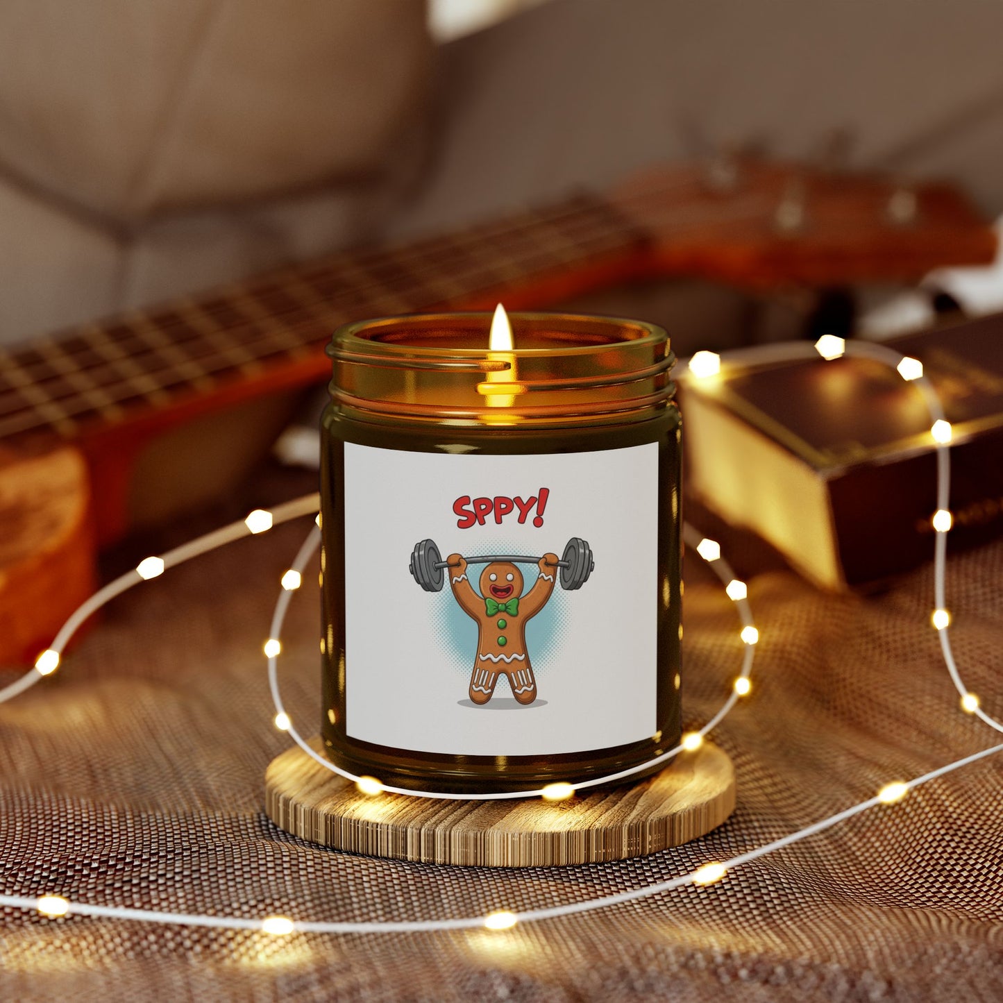 Coconut Apricot Scented Candle — "Sppy!" Weightlifting Gingerbread Jar (4oz/9oz)