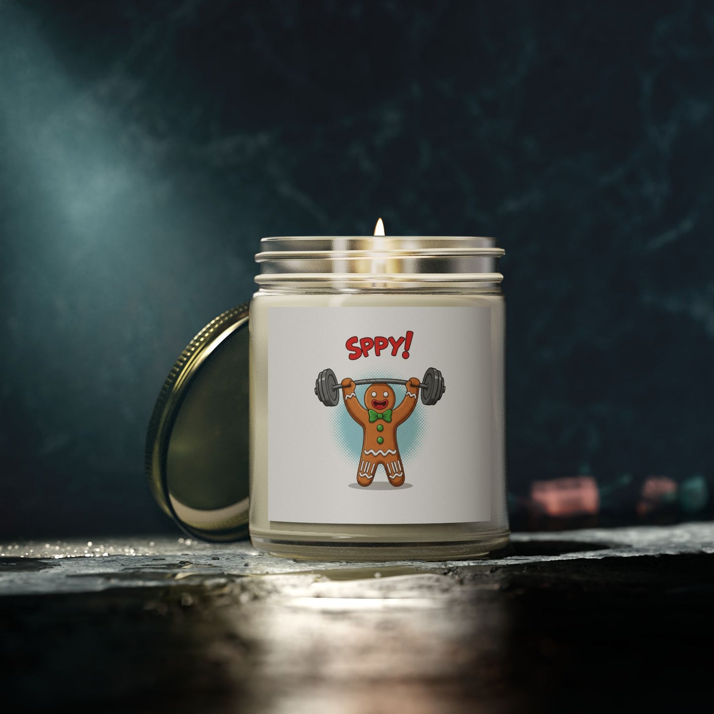 Coconut Apricot Scented Candle — "Sppy!" Weightlifting Gingerbread Jar (4oz/9oz)