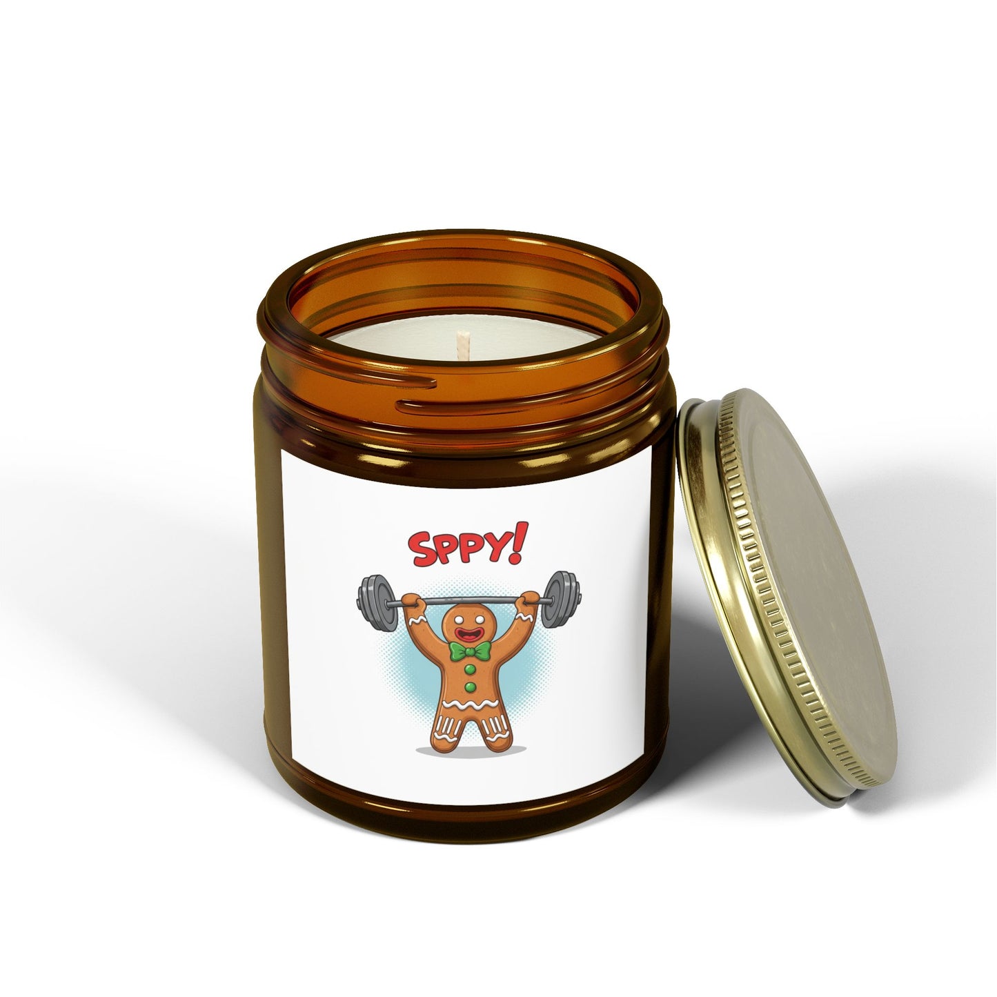 Coconut Apricot Scented Candle — "Sppy!" Weightlifting Gingerbread Jar (4oz/9oz)