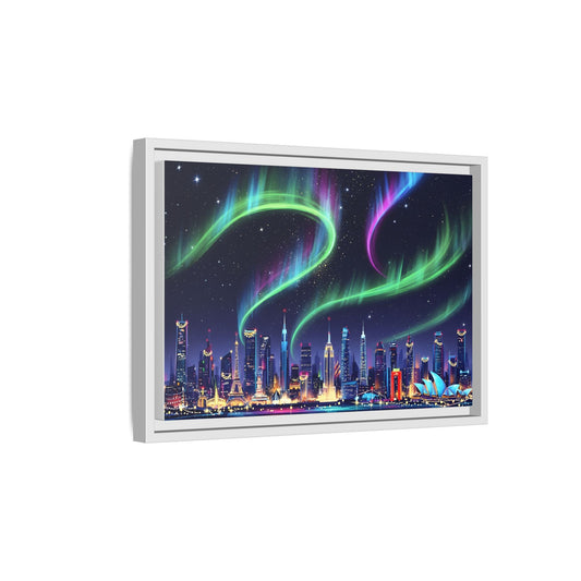 Aurora Cityscape Matte Canvas Framed Wall Art — Neon Northern Lights Over Skyline