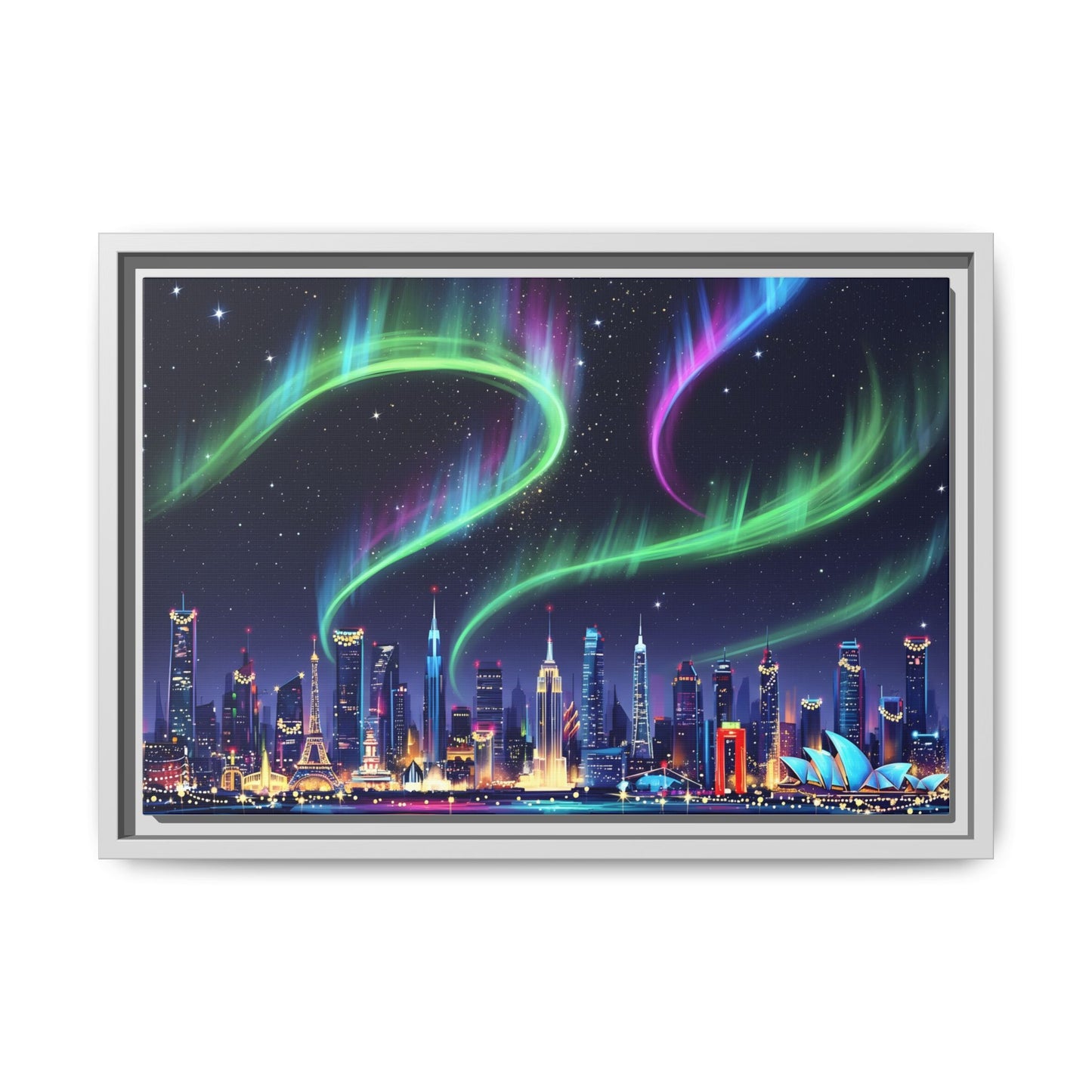 Aurora Cityscape Matte Canvas Framed Wall Art — Neon Northern Lights Over Skyline