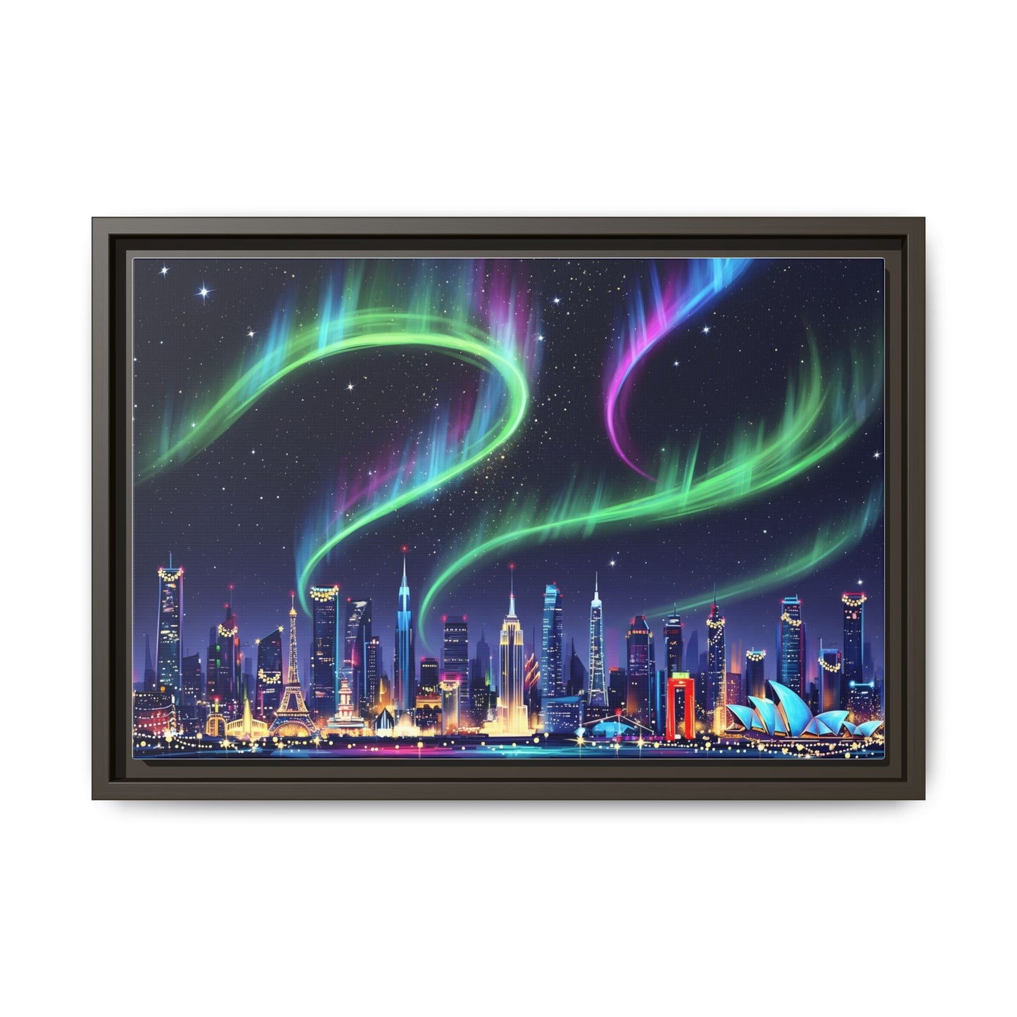 Aurora Cityscape Matte Canvas Framed Wall Art — Neon Northern Lights Over Skyline