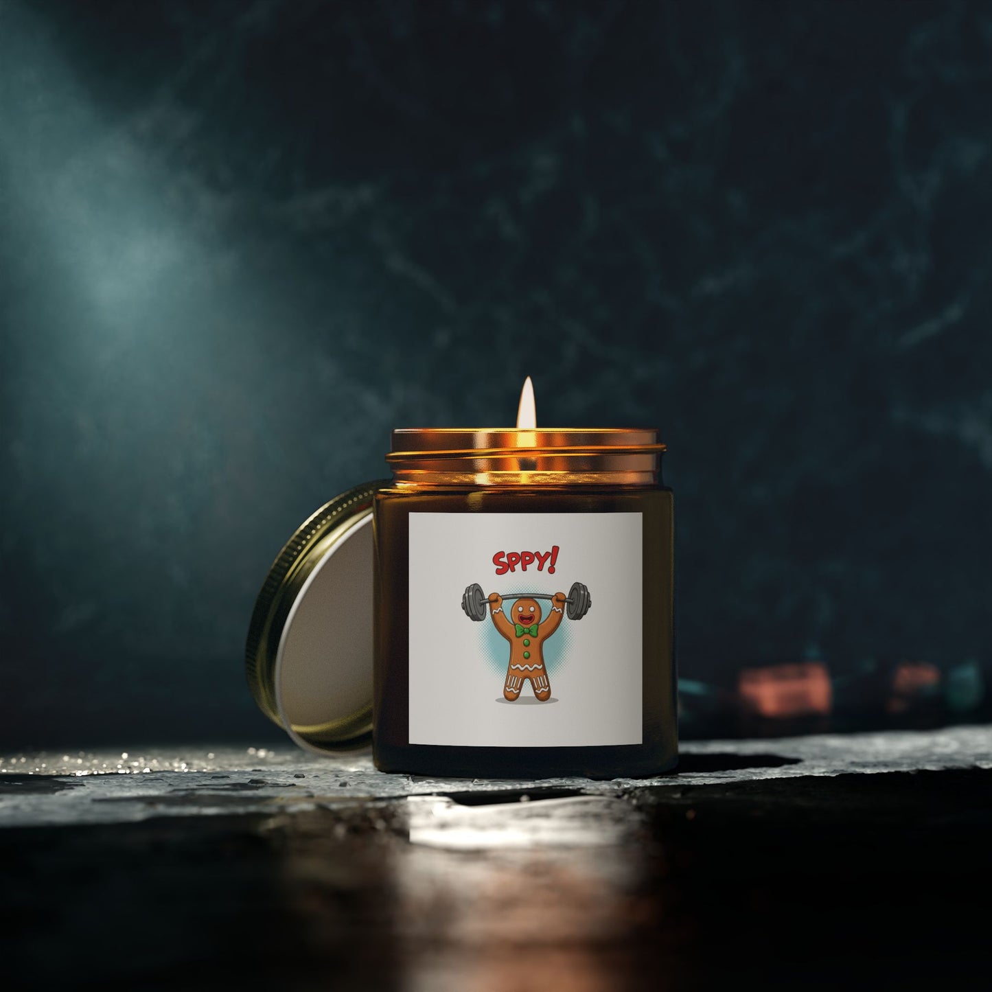 Coconut Apricot Scented Candle — "Sppy!" Weightlifting Gingerbread Jar (4oz/9oz)