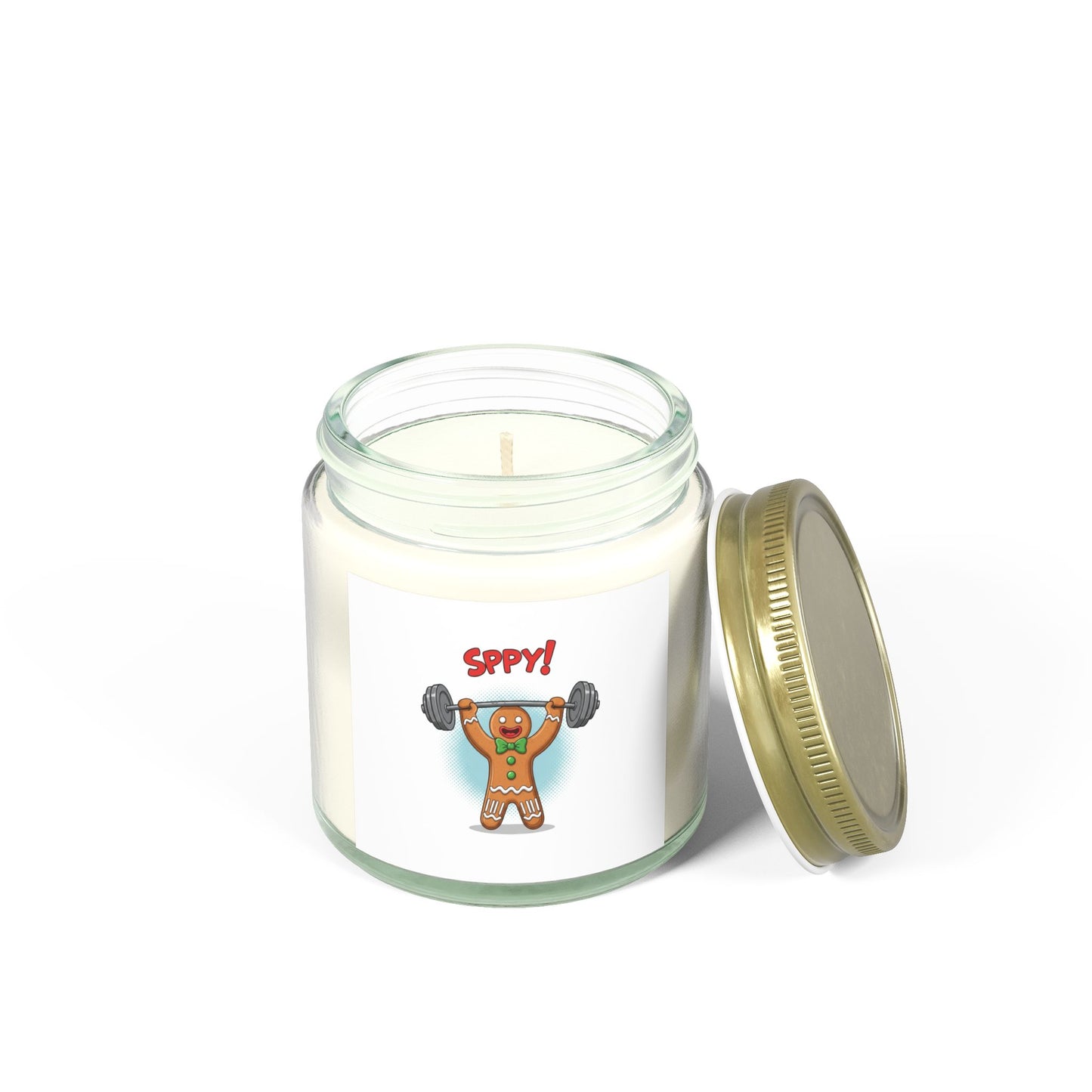 Coconut Apricot Scented Candle — "Sppy!" Weightlifting Gingerbread Jar (4oz/9oz)