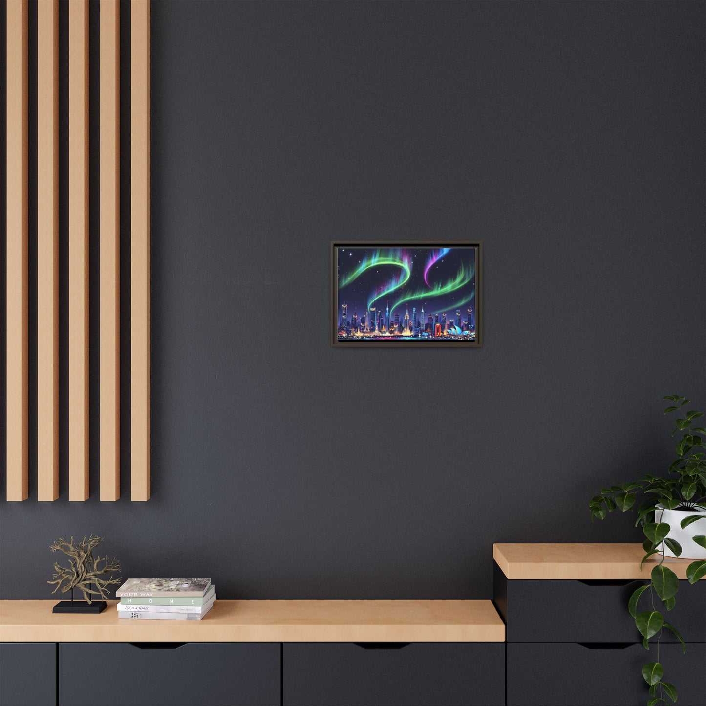 Aurora Cityscape Matte Canvas Framed Wall Art — Neon Northern Lights Over Skyline