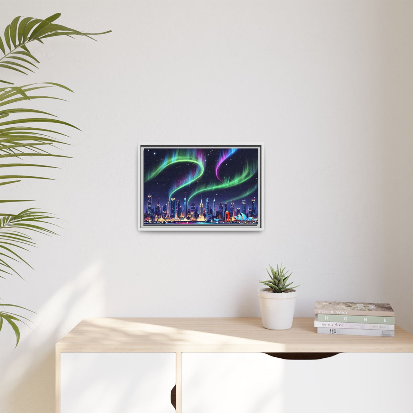 Aurora Cityscape Matte Canvas Framed Wall Art — Neon Northern Lights Over Skyline