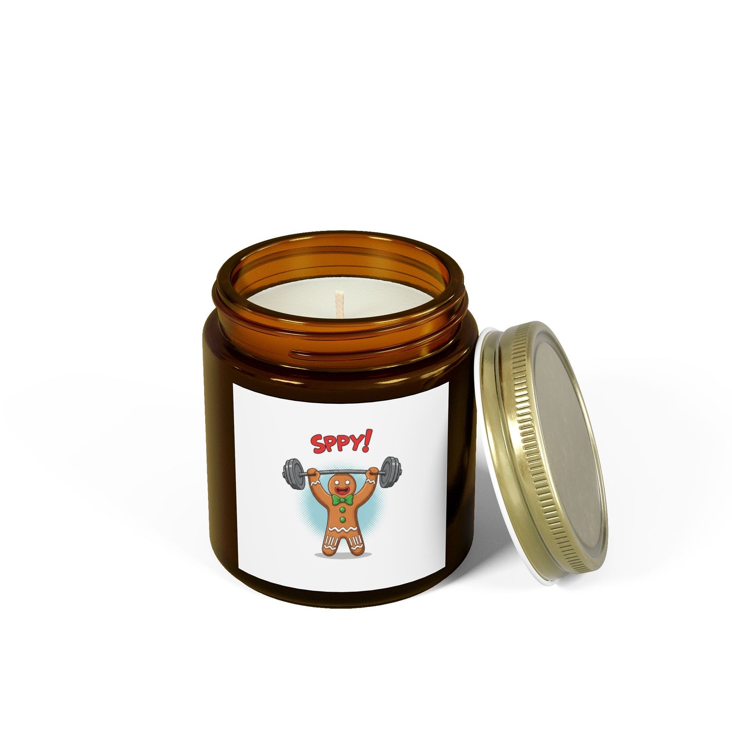 Coconut Apricot Scented Candle — "Sppy!" Weightlifting Gingerbread Jar (4oz/9oz)