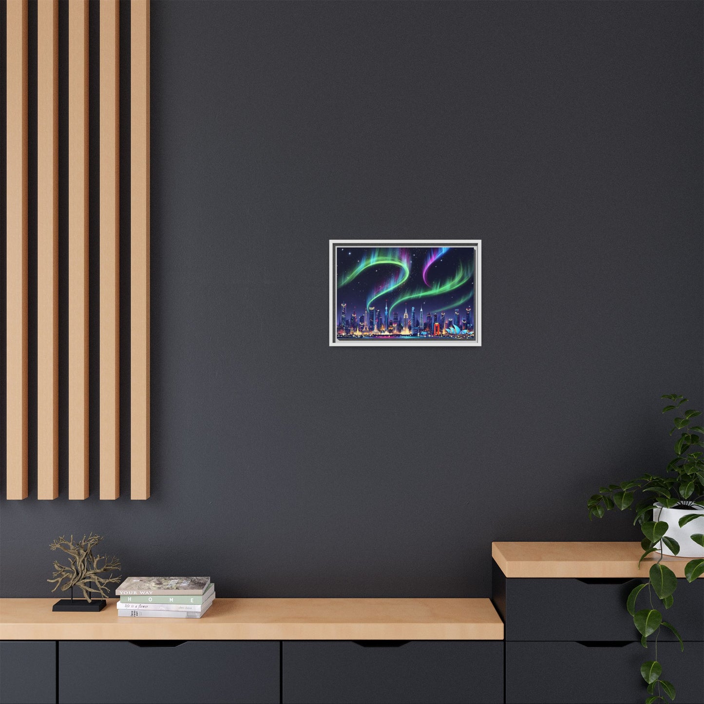 Aurora Cityscape Matte Canvas Framed Wall Art — Neon Northern Lights Over Skyline