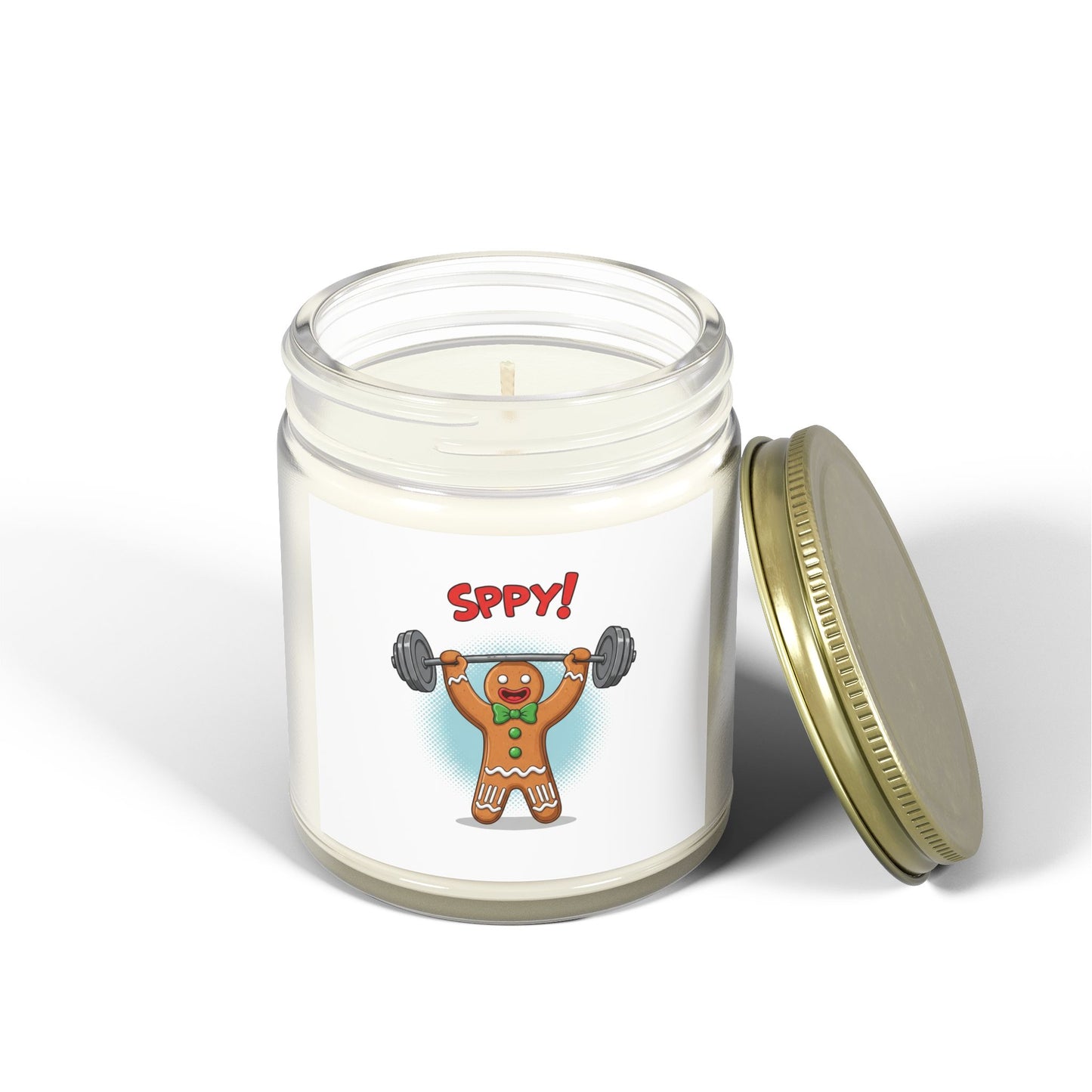 Coconut Apricot Scented Candle — "Sppy!" Weightlifting Gingerbread Jar (4oz/9oz)