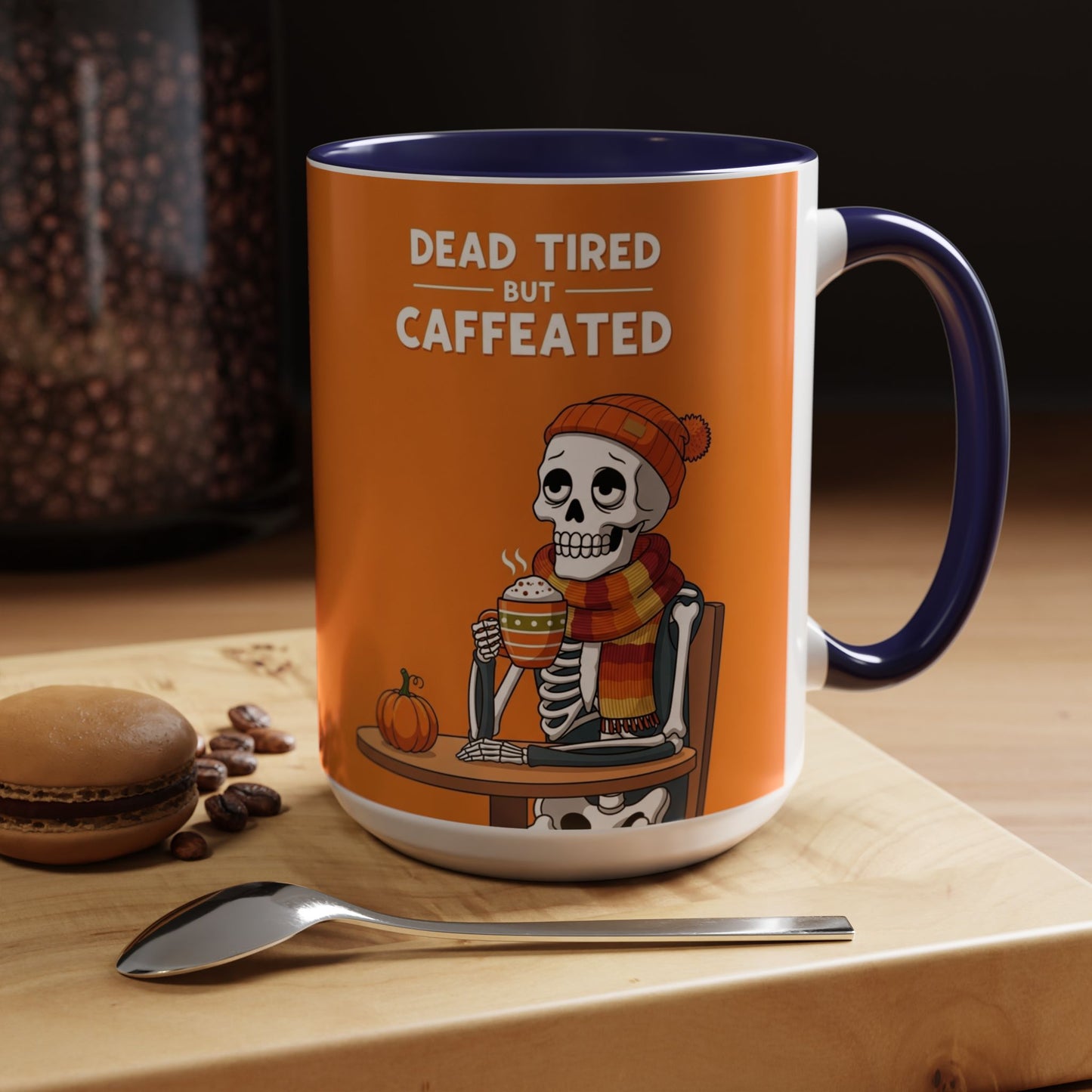 Halloween-Themed Skeleton Coffee Mug - "Dead Tired But Caffeinated"